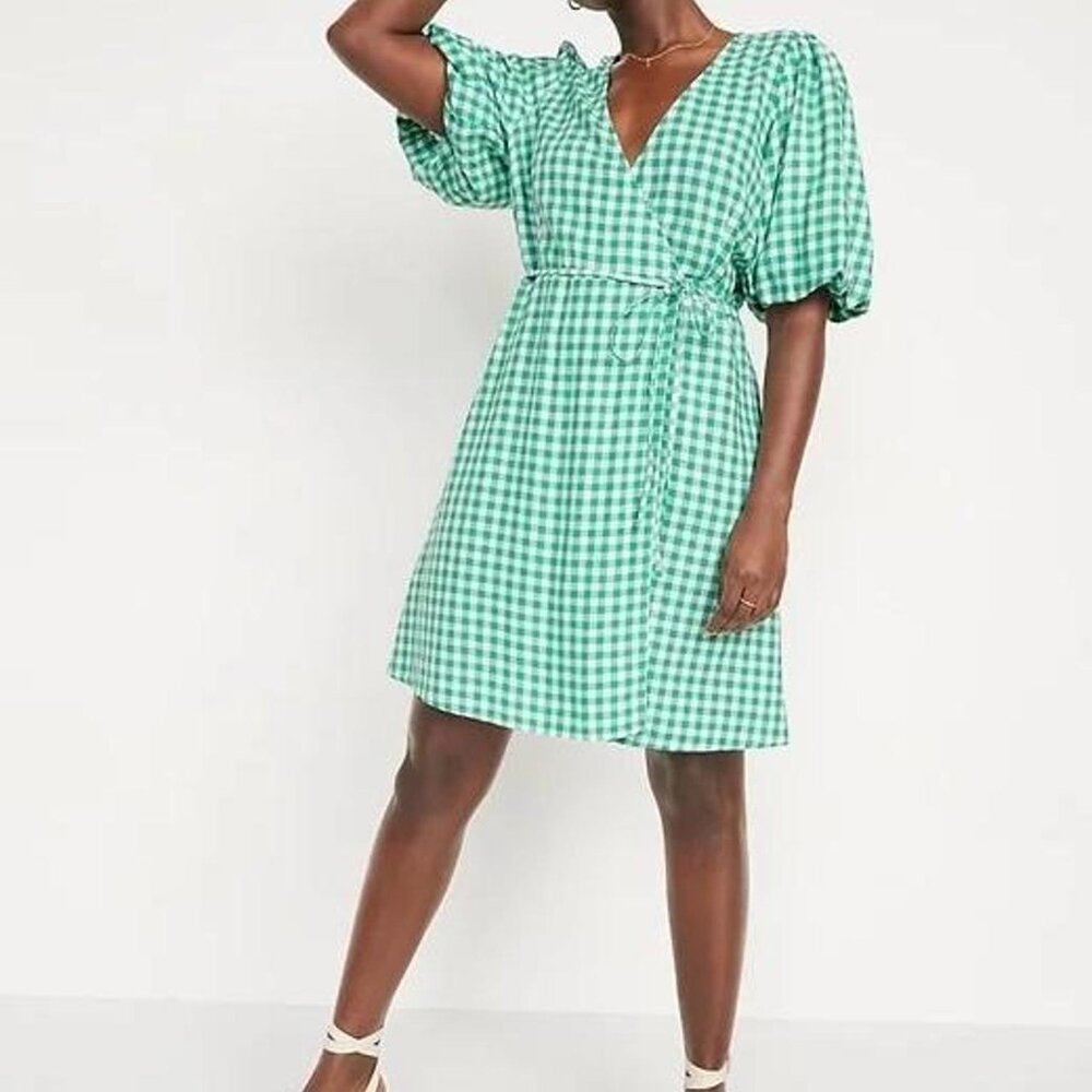 Old Navy Mini Wrap Gingham Dress, Green with Puff Sleeves, Women's Size M